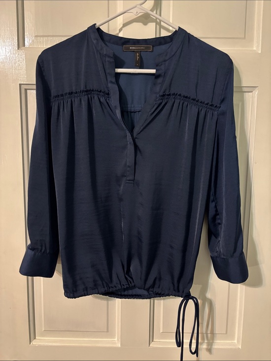 BCBGMaxAzria Tops - BCBG Blouse Navy Satin V-Neck Drawstring Waist Small 3/4 Sleeve